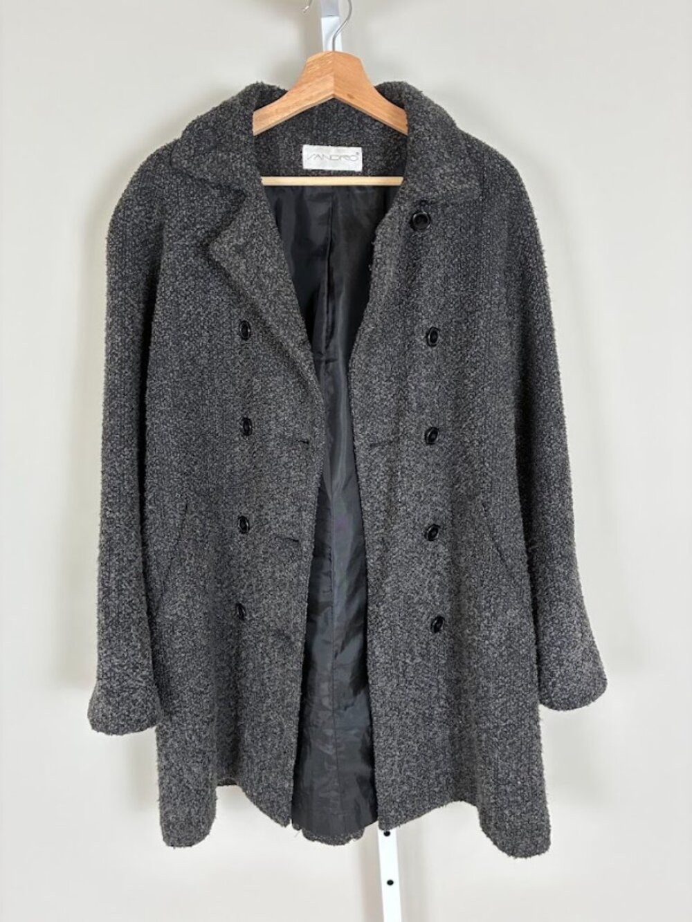 Sandro Paris Double Breasted Wool Blend Coat 70% Wool Minimalist Textured Gray